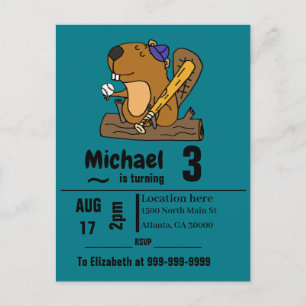 Invitation Carte Postale Funny Beaver Jouer Baseball Anniversaire