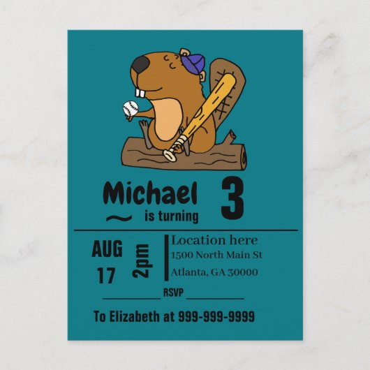 Invitation Carte Postale Funny Beaver Jouer Baseball Anniversaire (Devant)