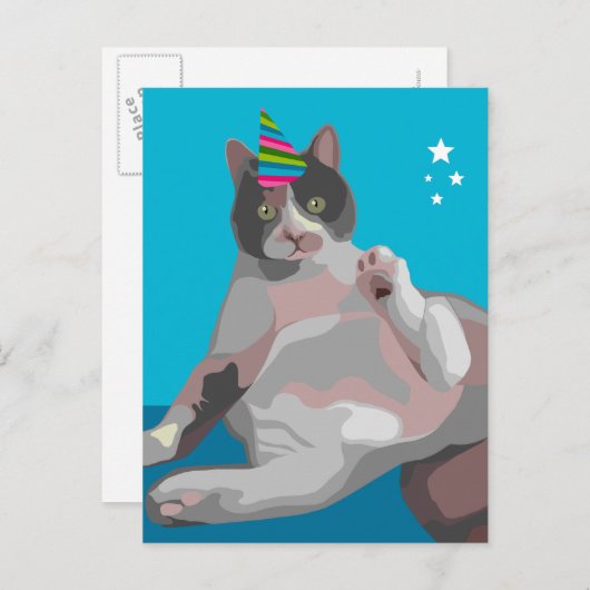 Invitation Carte Postale Funny Calico Chat en Casquette de fête d'anniversa (Devant / Derrière)