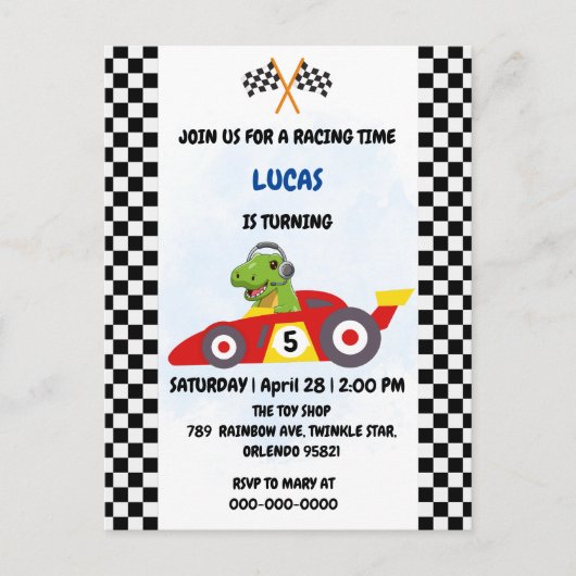 Invitation Carte Postale Funny Dinosaur course voiture garçon jeu fête d'an (Devant)