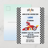 Invitation Carte Postale Funny Dinosaur voiture de course garçon anniversai (Devant / Derrière)