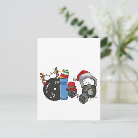 Invitation Carte Postale Funny Père Noël Weighlifting Dumbbells Gym Noël (Debout devant)