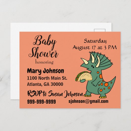 Invitation Carte Postale Funny Tricératops mangeant Baby shower Taco (Devant / Derrière)