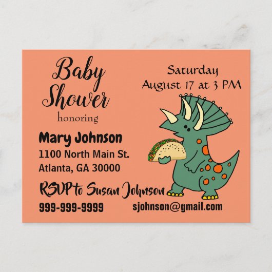 Invitation Carte Postale Funny Tricératops mangeant Baby shower Taco (Devant)