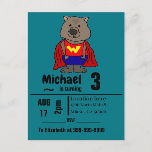 Invitation Carte Postale Funny Wombat Superhero fête d'anniversaire (Devant)