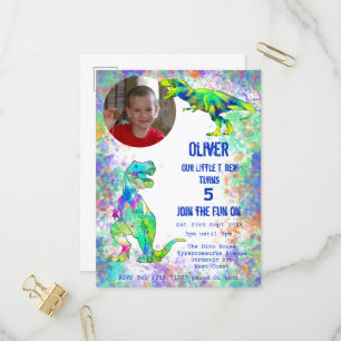 Invitation Carte Postale Garçons 5ème Anniversaire Photo de T Rex Colorée I