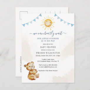 Invitation Carte Postale Garçons Baby shower Ours et soleil Aquarelle