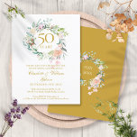 Invitation Carte Postale Garland rose 50e anniversaire Mariage d'or<br><div class="desc">Doté d'une délicate guirlande de verdure fleurie d'aquarelle,  cette invitation chic à l'anniversaire du 50e mariage botanique peut être personnalisée avec vos informations spéciales d'anniversaire. Au verso,  une guirlande fleurie assortie encadre vos dates d'anniversaire en texte or élégant sur un arrière - plan doré. Conçu par Thisisnotme©</div>