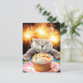 Invitation Carte Postale Gâteau au chat avec cierge magique (Debout devant)