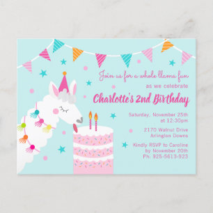 Invitation Carte Postale Gâteau tout Llama Fun 2e anniversaire Aqua