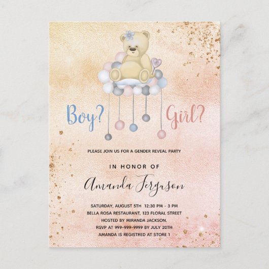 Invitation Carte Postale Genre révéler baby shower en peluche ours garçon f (Devant)