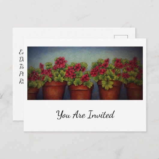 Invitation Carte Postale Géraniums rouges dans des pots en terre cuite (Devant / Derrière)