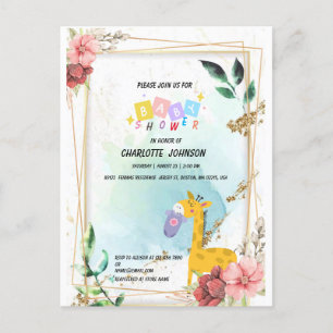 Invitation Carte Postale Girafe Cute Hanging vêtements Baby shower floral