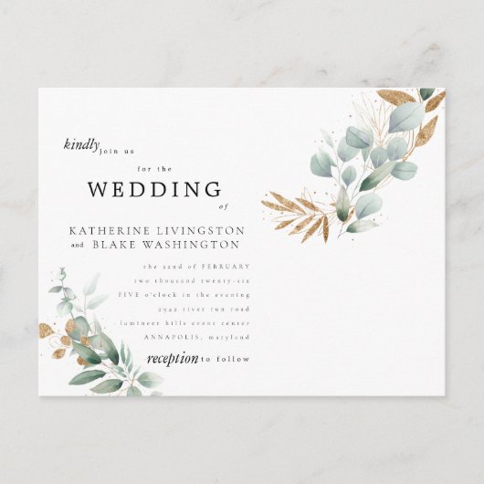 Invitation Carte Postale Glam Eucalyptus Budget II Mariage (Devant)