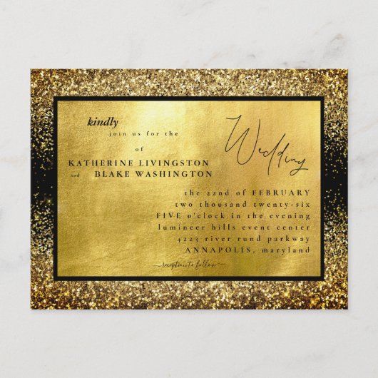Invitation Carte Postale Glam Gold & Black Budget Mariage (Devant)