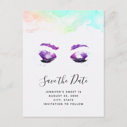 Invitation Carte Postale Glam Purple Eyes & Brows Aquarelle Enregistrer la  (Devant)