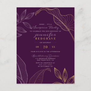 Invitation Carte Postale Glam Purple & Gold Feuilles Moderne Surprise Party