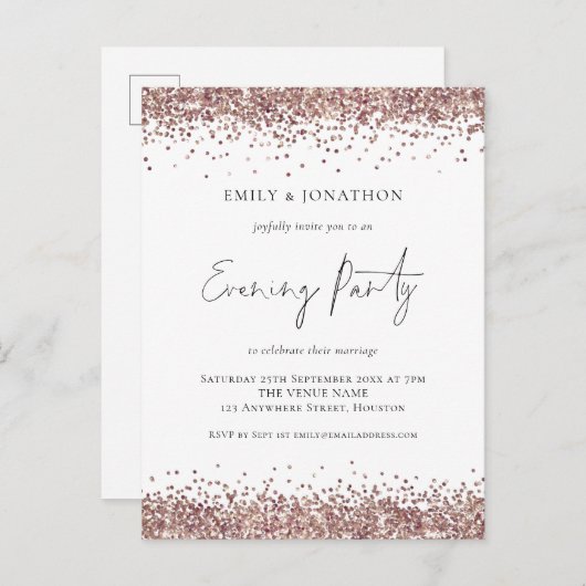 Invitation Carte Postale Glam Rose Gold Parties scintillant Mariage Soirée (Devant / Derrière)