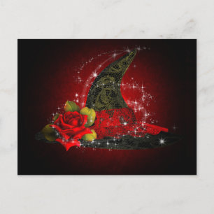Invitation Carte Postale Glam Witch Casquette Lacy Black & Red Sparkle Part