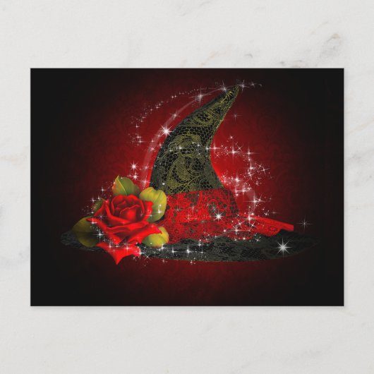 Invitation Carte Postale Glam Witch Casquette Lacy Black & Red Sparkle Part (Devant)
