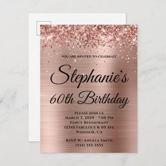 Invitation Carte Postale Glittery Rose Gold Fancy Monogramme 60e anniversai (Devant / Derrière)