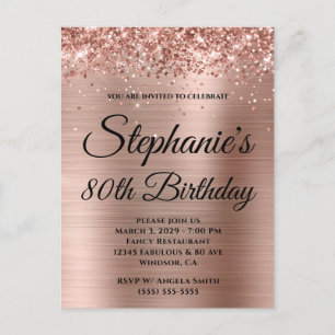 Invitation Carte Postale Glittery Rose Gold Fancy Monogramme 80e anniversai