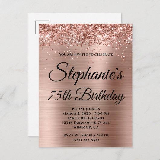 Invitation Carte Postale Glittery Rose Gold Foil 75e anniversaire (Devant / Derrière)
