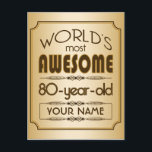 Invitation Carte Postale Gold 80th Anniversaire Célébration World Meilleur<br><div class="desc">Célébrez l'anniversaire marquant de votre personne âgée préférée avec ce cadeau classe qui leur rappelle à quel point ils sont fabuleux. Des lignes épurées et des tons bruns,  or et crème composent ce design simple mais élégant que vous pouvez customiser avec des noms,  initiales ou autre texte.</div>
