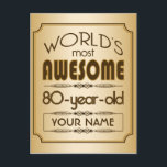 Invitation Carte Postale Gold 80th Anniversaire Célébration World Meilleur<br><div class="desc">Célébrez l'anniversaire marquant de votre personne âgée préférée avec ce cadeau classe qui leur rappelle à quel point ils sont fabuleux. Des lignes épurées et des tons bruns,  or et crème composent ce design simple mais élégant que vous pouvez customiser avec des noms,  initiales ou autre texte.</div>