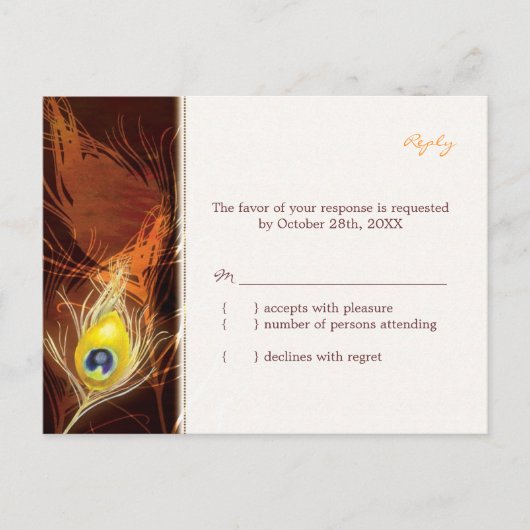 Invitation Carte Postale Gold Autumn Peacock Feather Wedding RSVP (Devant)