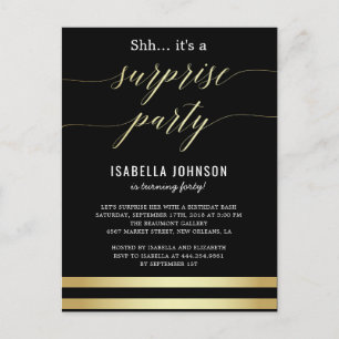 Invitation Carte Postale Gold & Black Stripes Shh... C'est une fête surpris