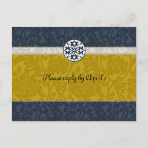 Invitation Carte Postale Gold & Blue Medieval Brocade rsvp