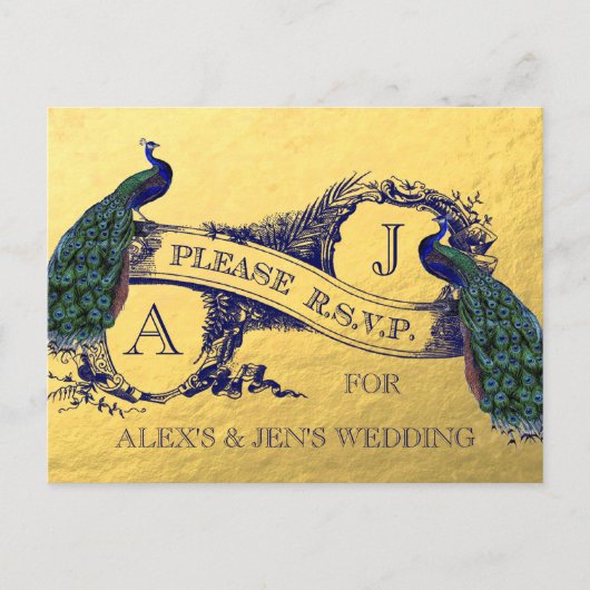 Invitation Carte Postale Gold Foil Peacock Wedding RSVP Postcard 2 (Devant)