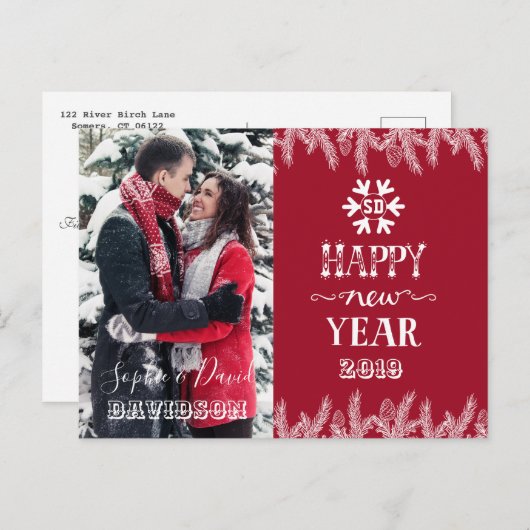 Invitation Carte Postale Gold Happy New Year Pine Photo personnalisée (Devant / Derrière)