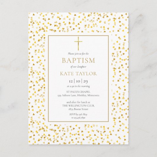 Invitation Carte Postale Gold Hearts Confetti Baptême Christening (Devant)