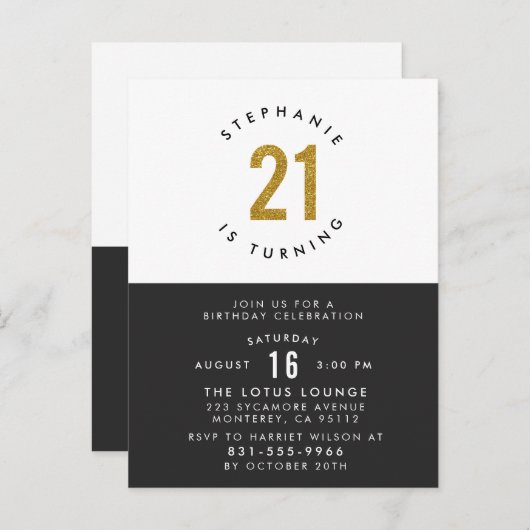 Invitation Carte Postale Gold Parties scintillant Black White & Gold 21e an (Devant / Derrière)