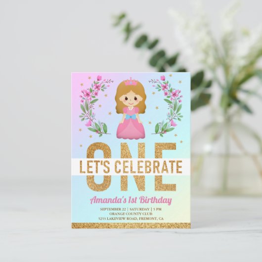 Invitation Carte Postale Gold Parties scintillant mignonne rose princesse 1 (Debout devant)