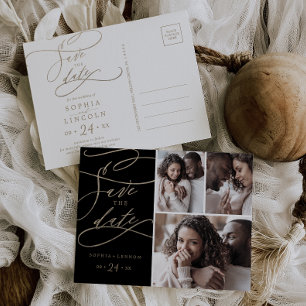 Invitation Carte Postale Gold romantique et Black 3 Photo Enregistrer la da