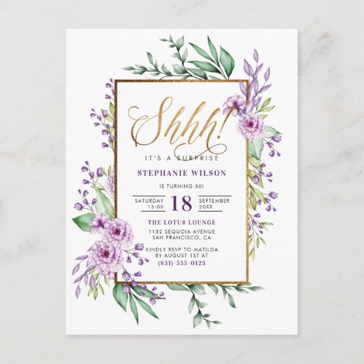 Invitation Carte Postale Gold Script Purple Floral Surprise fête d'annivers (Devant)