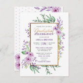Invitation Carte Postale Gold Script tendance Purple Floral Graduation Part (Devant / Derrière)