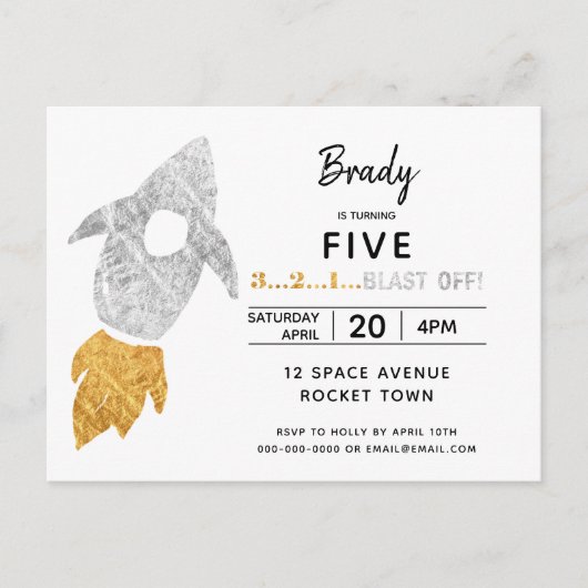 Invitation Carte Postale Gold Silver Rocket Ship Espace Extérieur Anniversa (Devant)