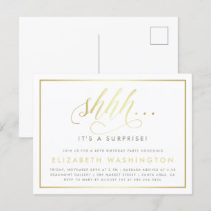 Invitation Carte Postale Gold & White Surprise fête d'anniversaire