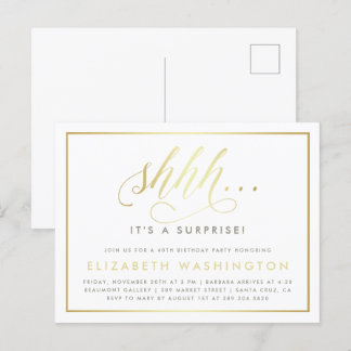 Invitation Carte Postale Gold & White Surprise fête d'anniversaire