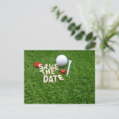 Invitation Carte Postale Golf économisez la date avec coeur de golf et tee (Debout devant)