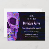 Invitation Carte Postale Gothique Crâne violet fête d'anniversaire RIP à se (Devant / Derrière)