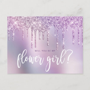 Invitation Carte Postale Gouttes de paillettes violettes, serez-vous ma dem