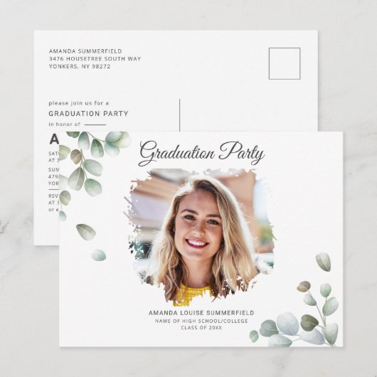 Invitation Carte Postale Grad 2022 Eucalyptus Greenery Succulent Graduation (Devant / Derrière)