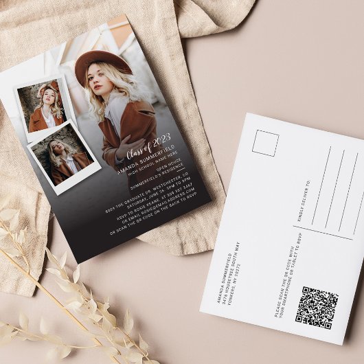 Invitation Carte Postale Grad 2025 Open House QR Code 3 Photos Graduation