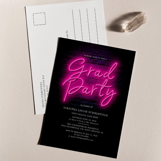 Invitation Carte Postale Grad Class 2025 Pink Neon Script Graduation Party
