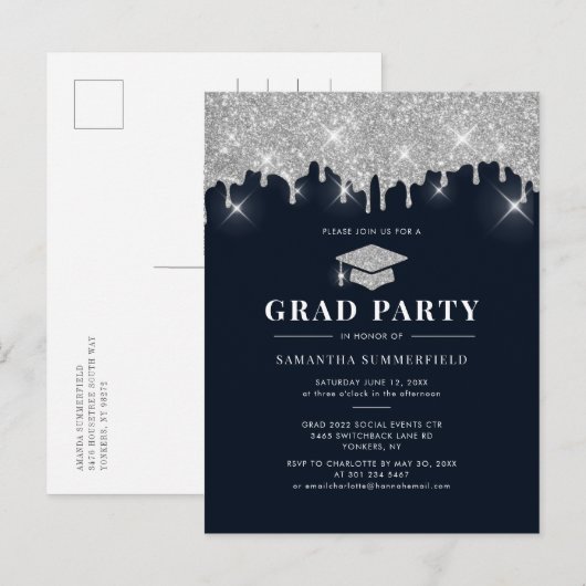 Invitation Carte Postale Graduate 2022 Marine Silver Parties scintillant Gr (Devant / Derrière)